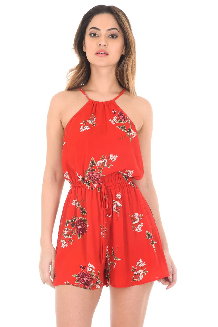Red Floral Print Drawstring Playsuit - Image 2