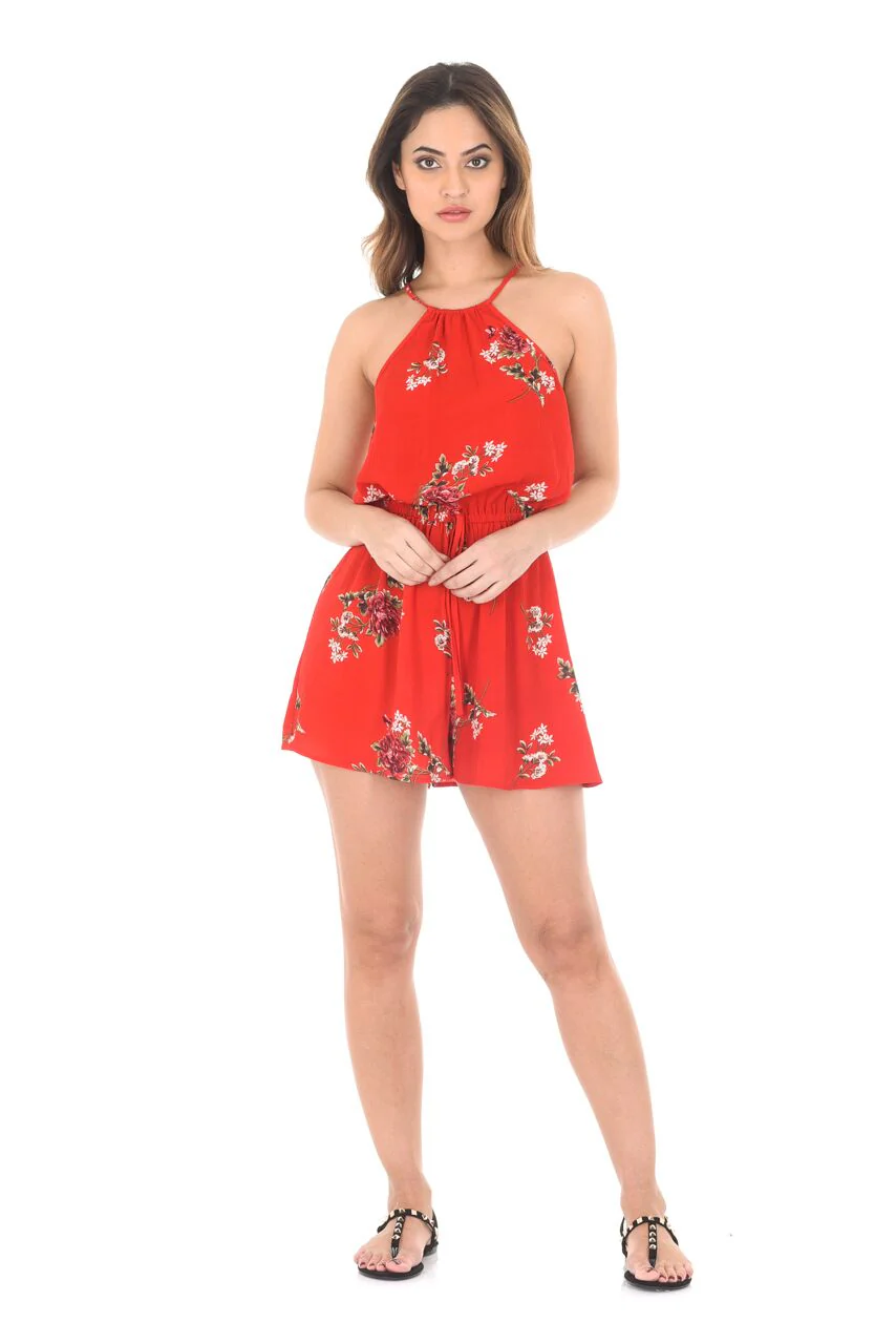Red Floral Print Drawstring Playsuit - Image 3