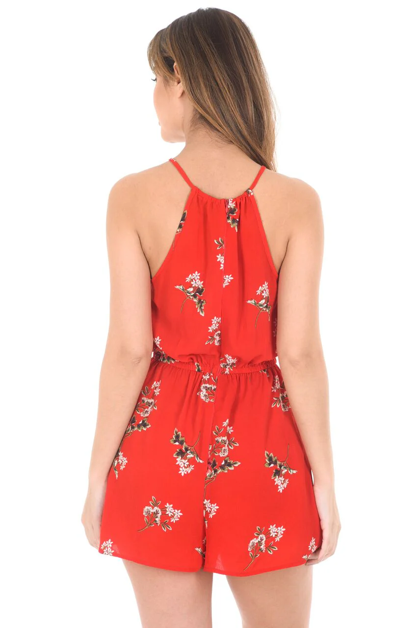 Red Floral Print Drawstring Playsuit - Image 4
