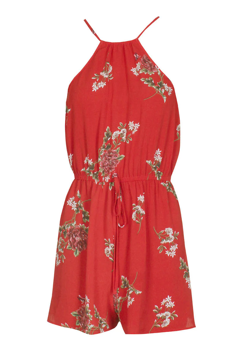 Red Floral Print Drawstring Playsuit - Image 5