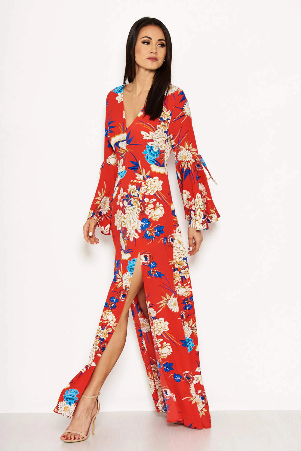 Red Floral Print Dress With Leg Split - Image 2