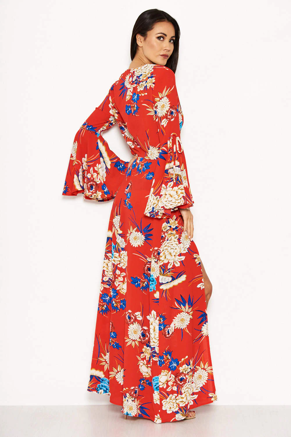 Red Floral Print Dress With Leg Split - Image 3