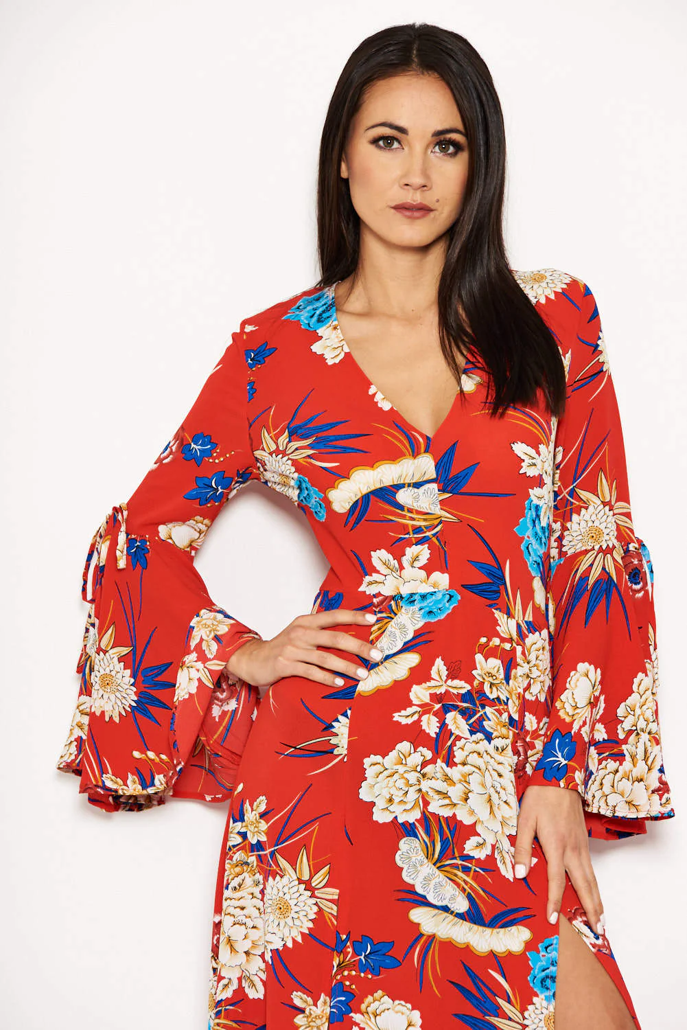 Red Floral Print Dress With Leg Split - Image 4