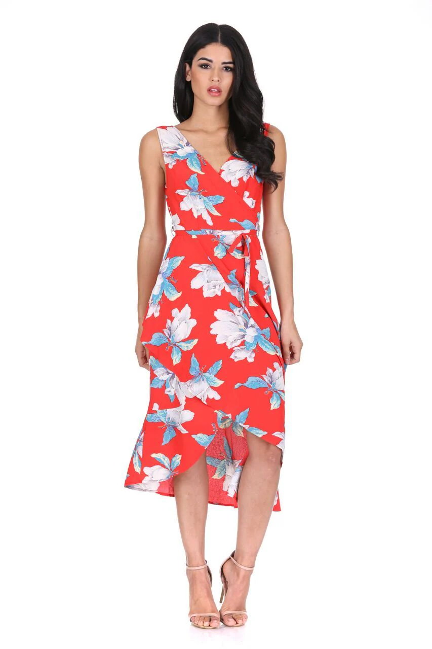 Red Floral Print Sleeveless Wrap Over Dress - Image 2