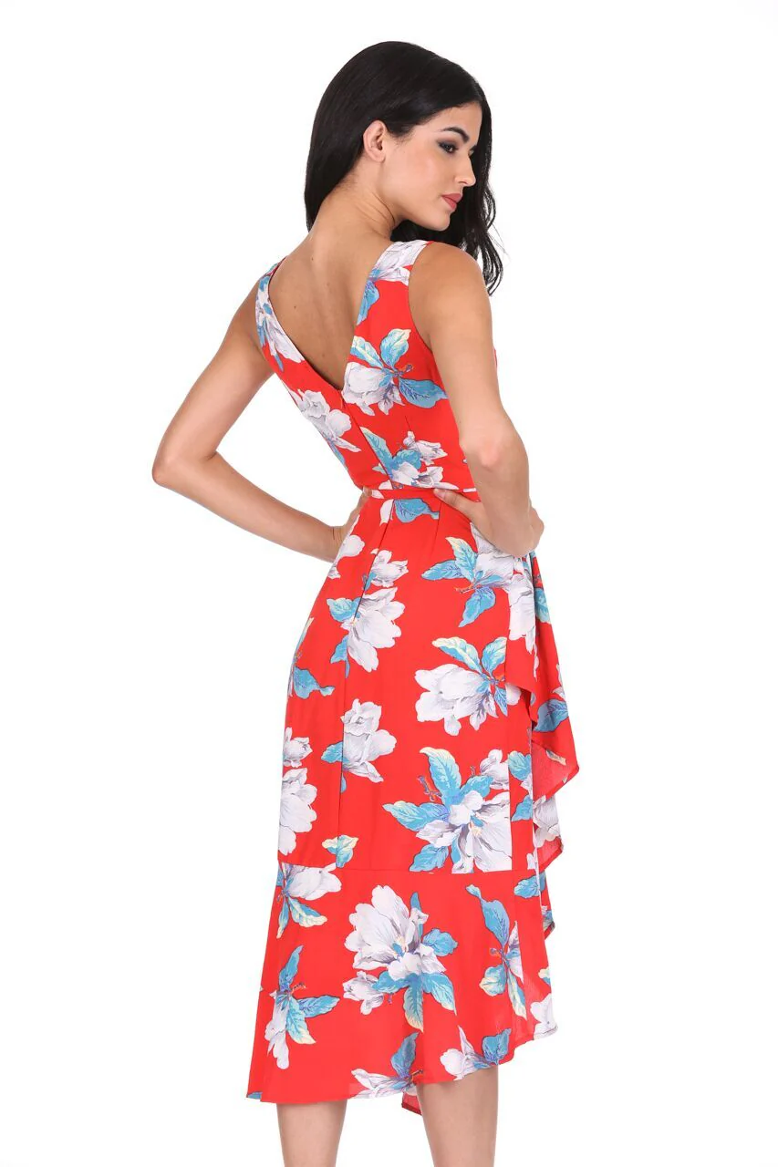 Red Floral Print Sleeveless Wrap Over Dress - Image 3