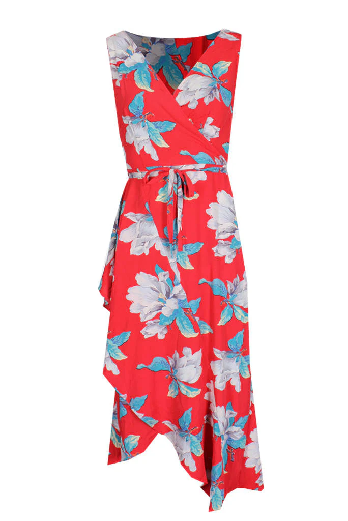 Red Floral Print Sleeveless Wrap Over Dress - Image 4