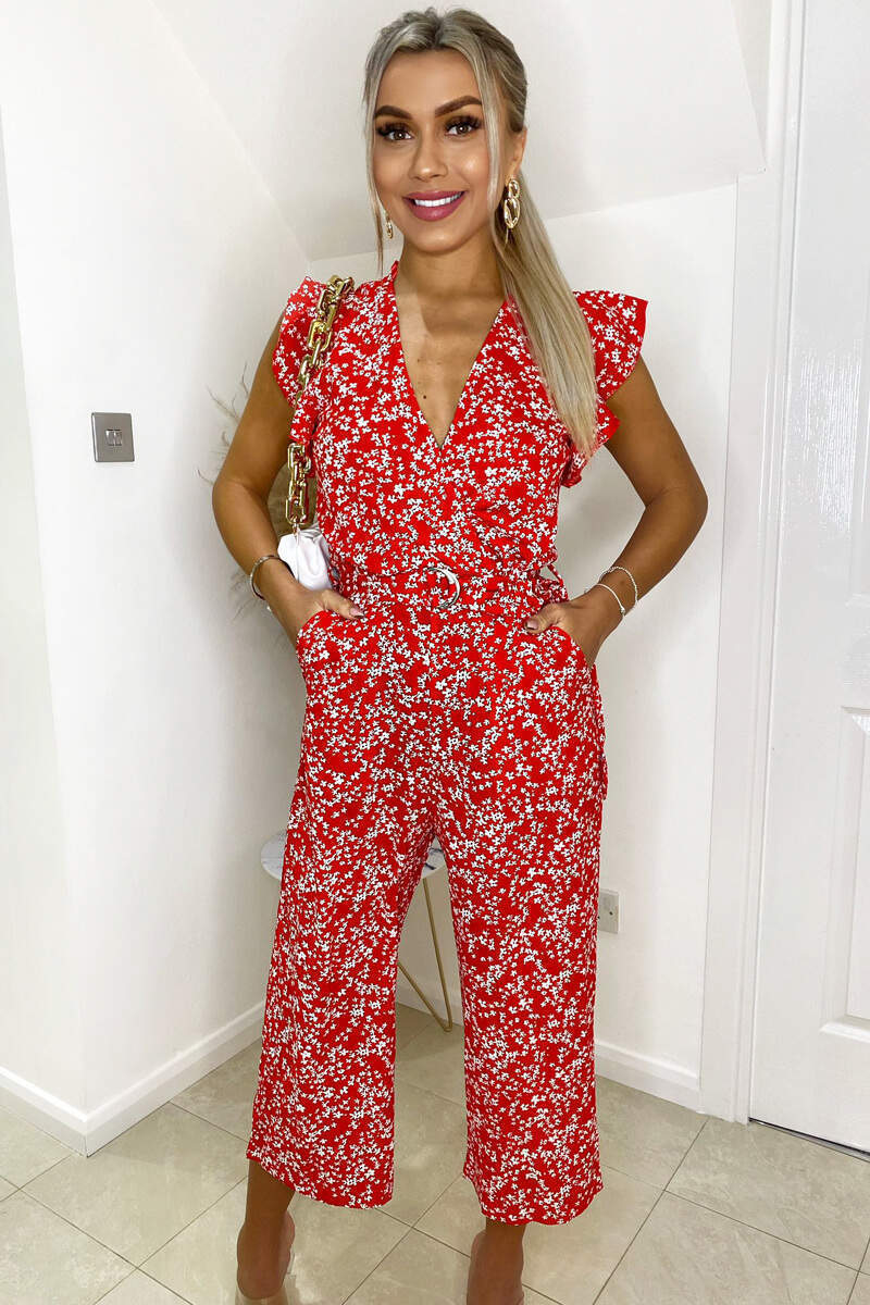 Red Floral Print Wrap Front Belted Jumpsuit - Image 2