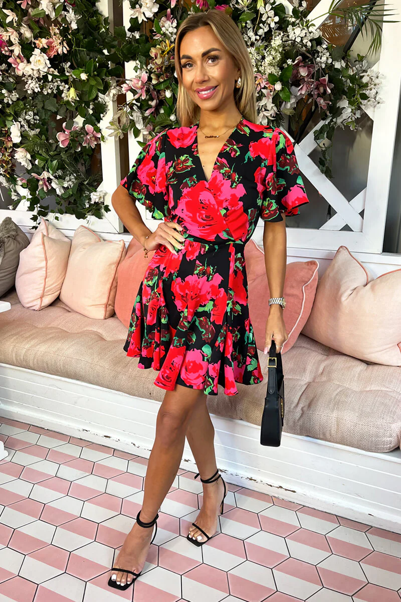 Red Floral Print Wrap Top Skater Dress - Image 3
