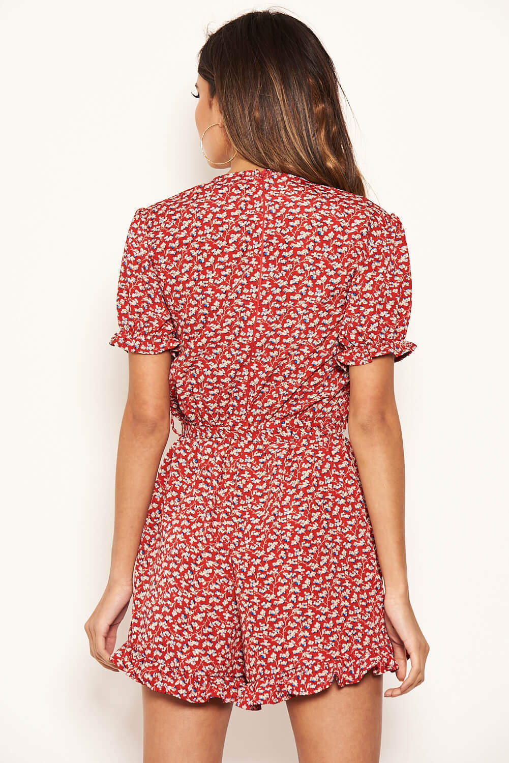 Red Floral Print Wrap V Neck Frilled Play Suit With Side Tie - Image 5