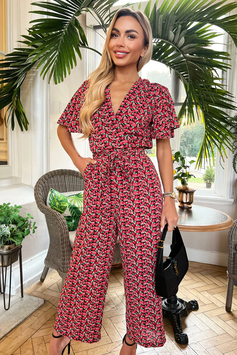 Red Floral Printed Butterfly Sleeve Belted Jumpsuit - Image 2