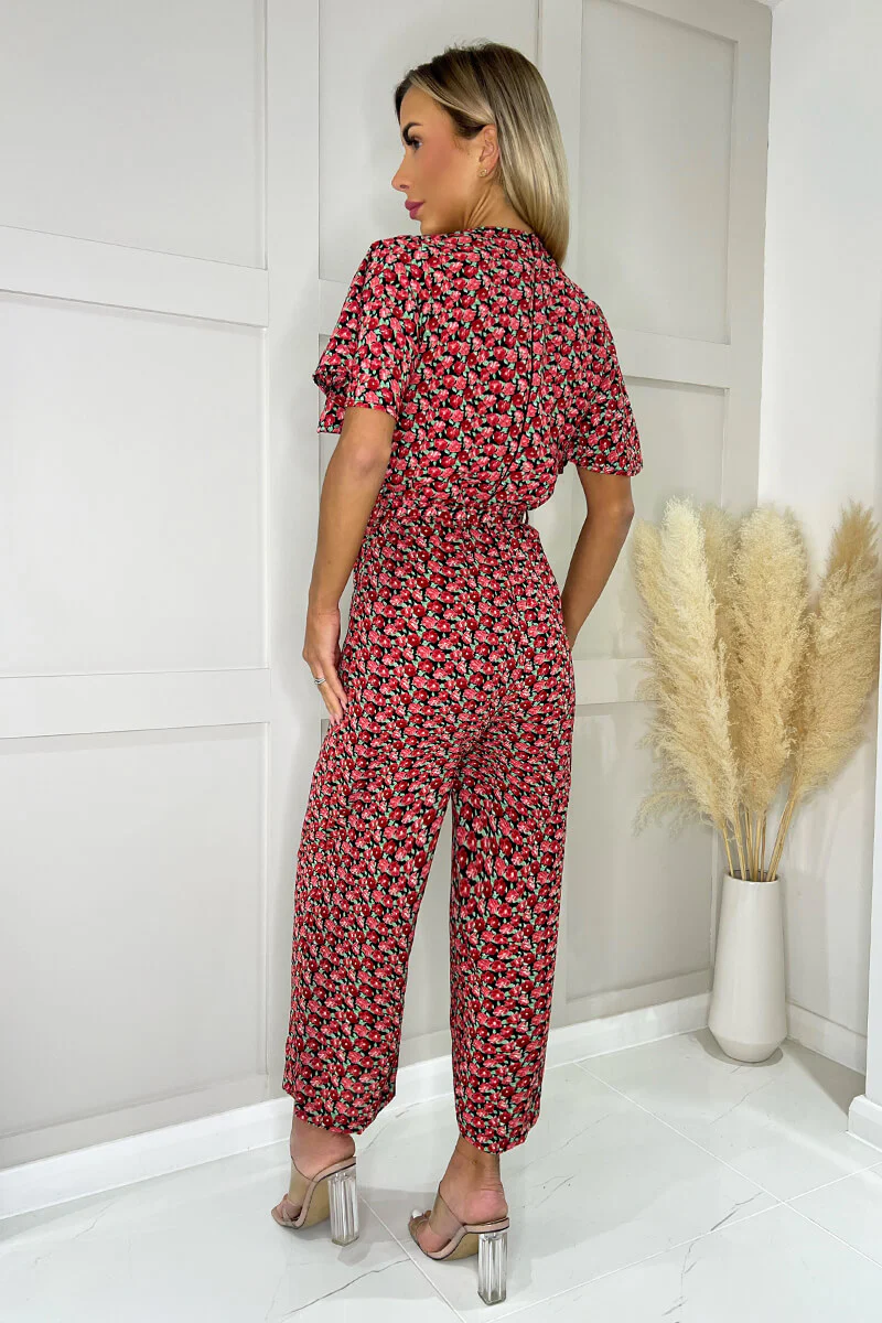 Red Floral Printed Butterfly Sleeve Belted Jumpsuit - Image 4