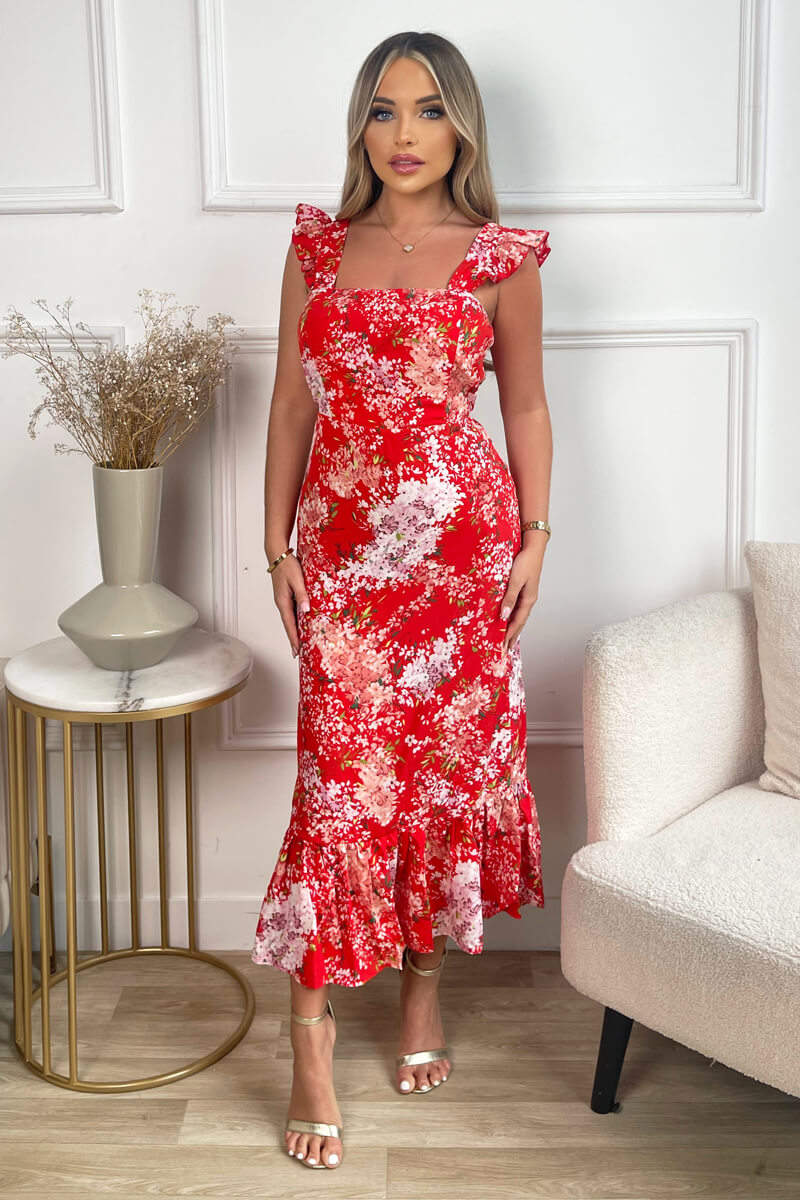 Red Floral Printed Frill Strap Midi Dress - Image 4