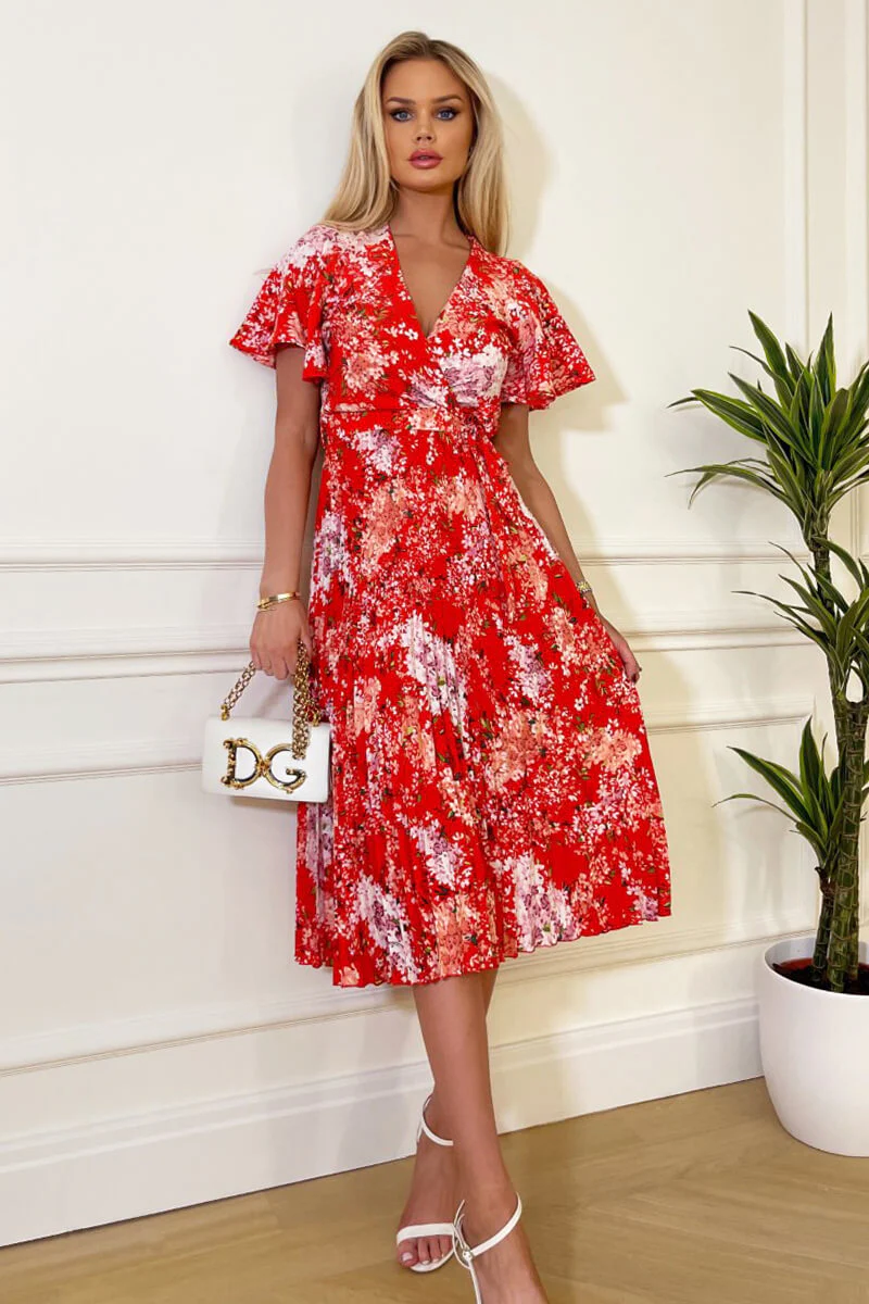 Red Floral Printed Pleated Midi Dress - Image 3