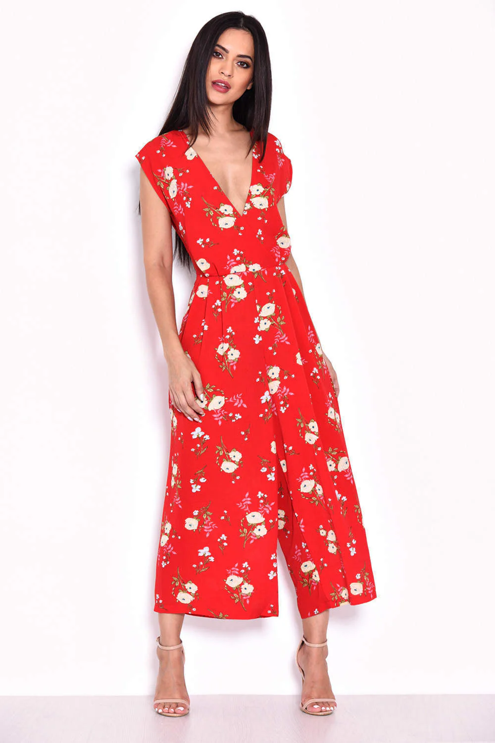 Red Floral Short Sleeved Jumpsuit - Image 4