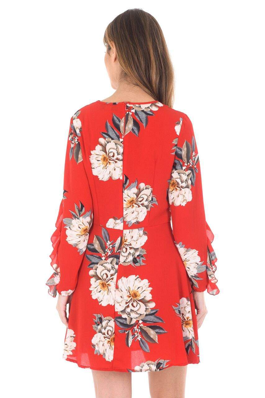 Red Floral Skater Dress With Frill Detail - Image 3
