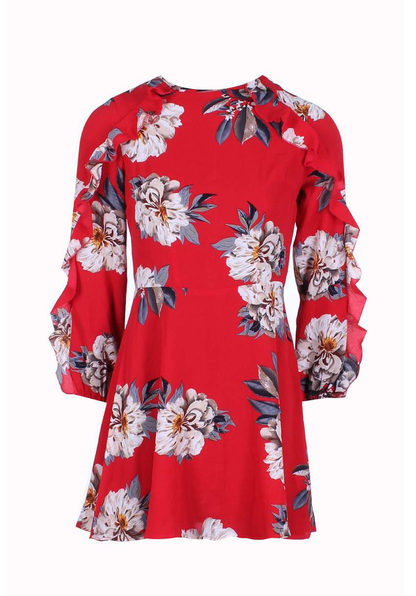 Red Floral Skater Dress With Frill Detail - Image 4