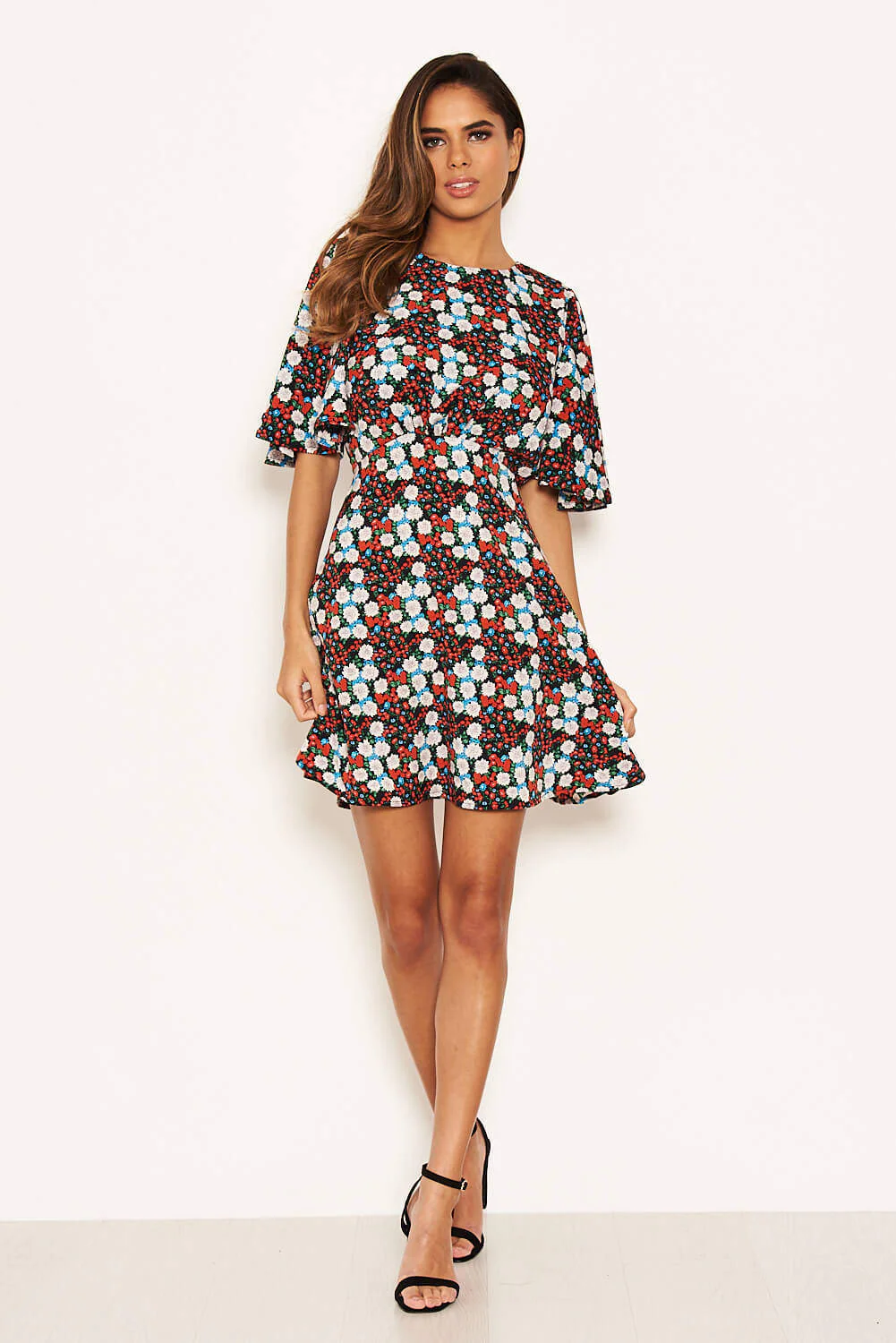 Red Floral Wide Sleeve Skater Dress - Image 2