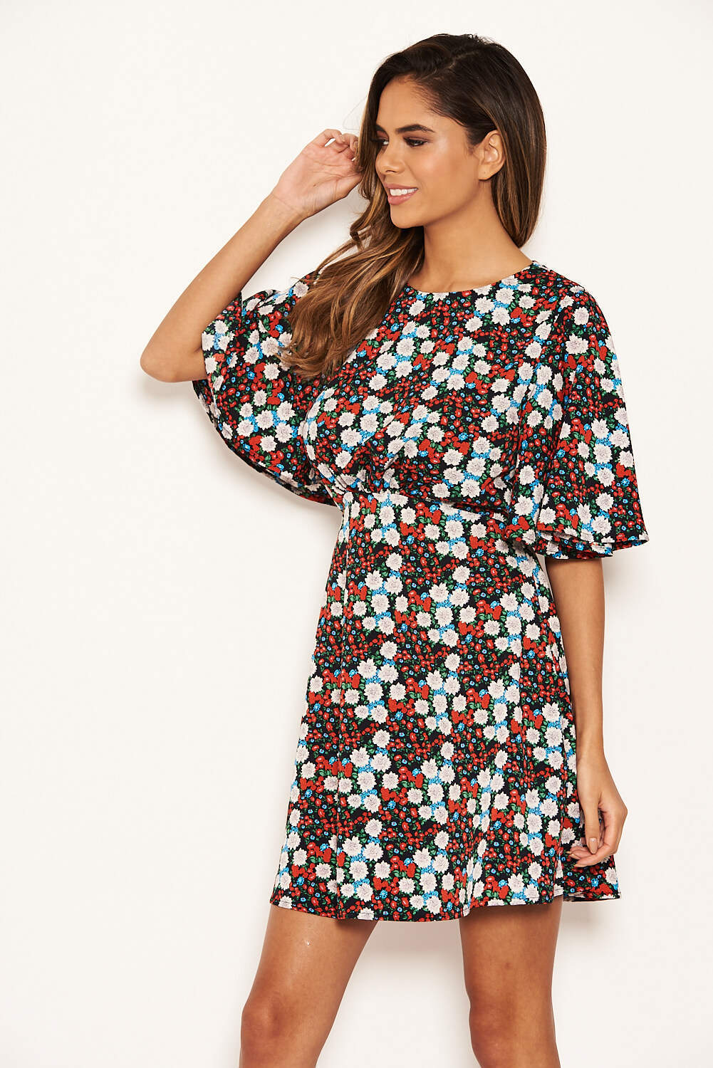 Red Floral Wide Sleeve Skater Dress - Image 3