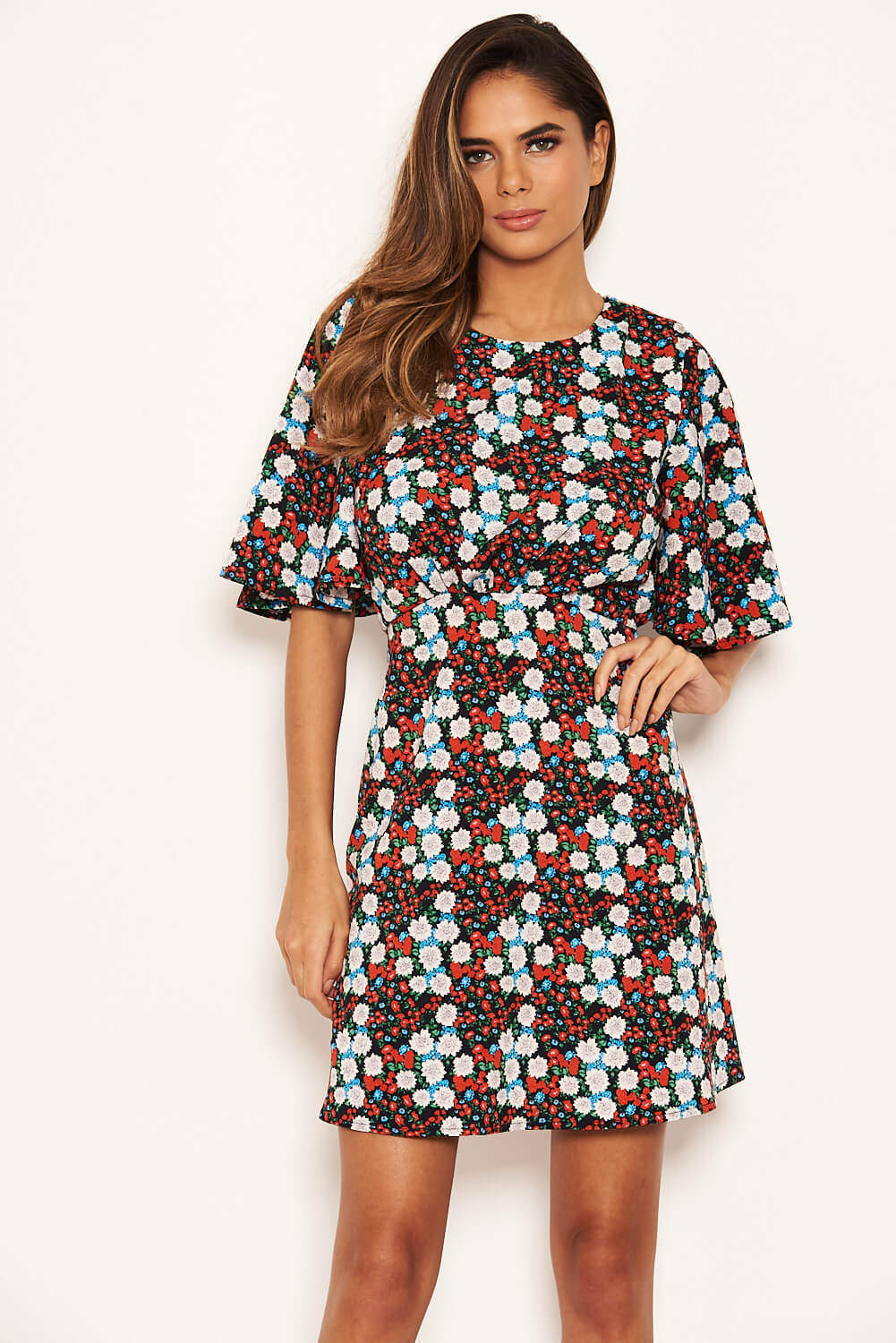 Red Floral Wide Sleeve Skater Dress - Image 4