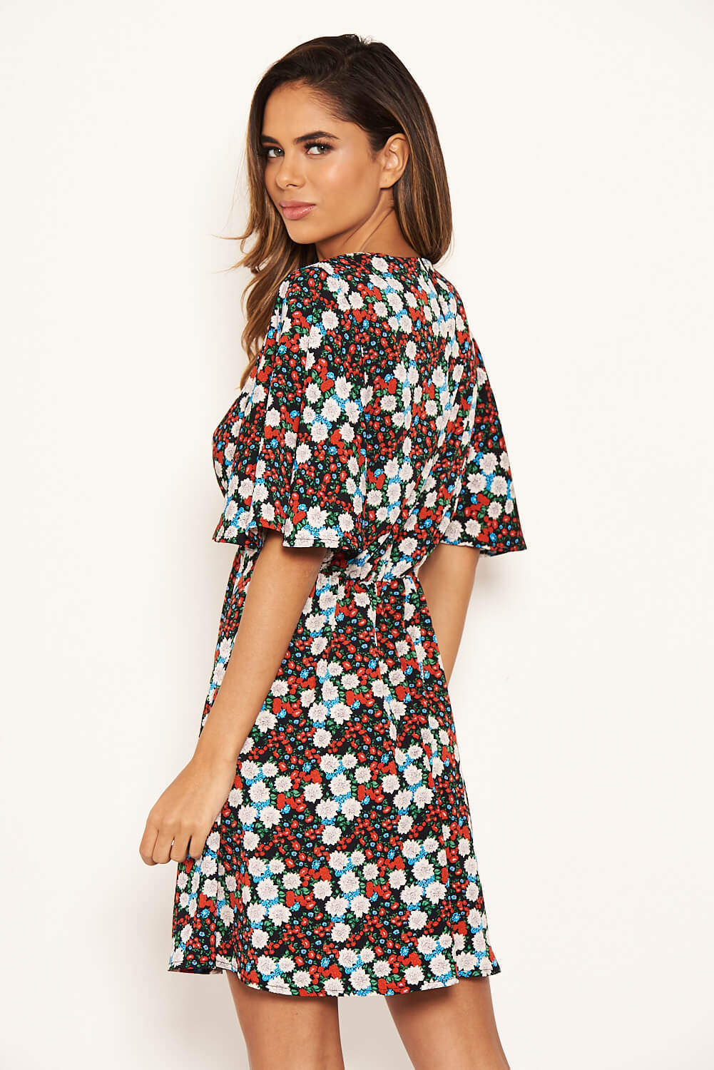 Red Floral Wide Sleeve Skater Dress - Image 5