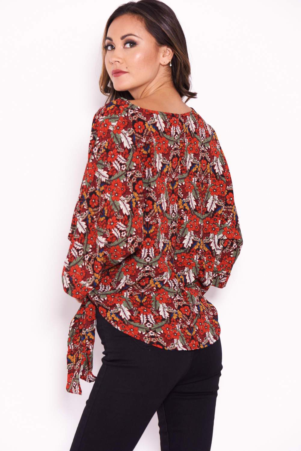 Red Floral Wide Sleeve Top - Image 3