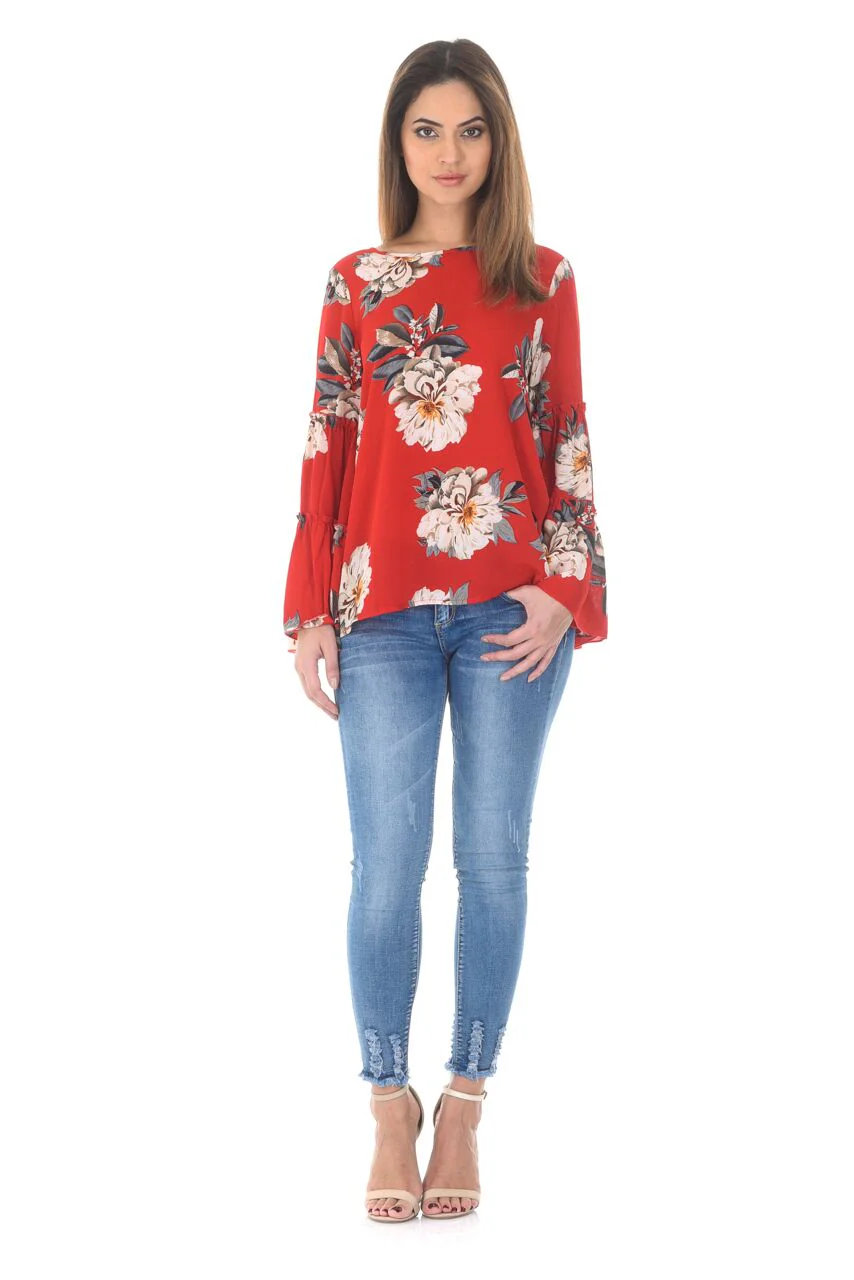 Red Foral Printed Double Frill Sleeve Top - Image 2