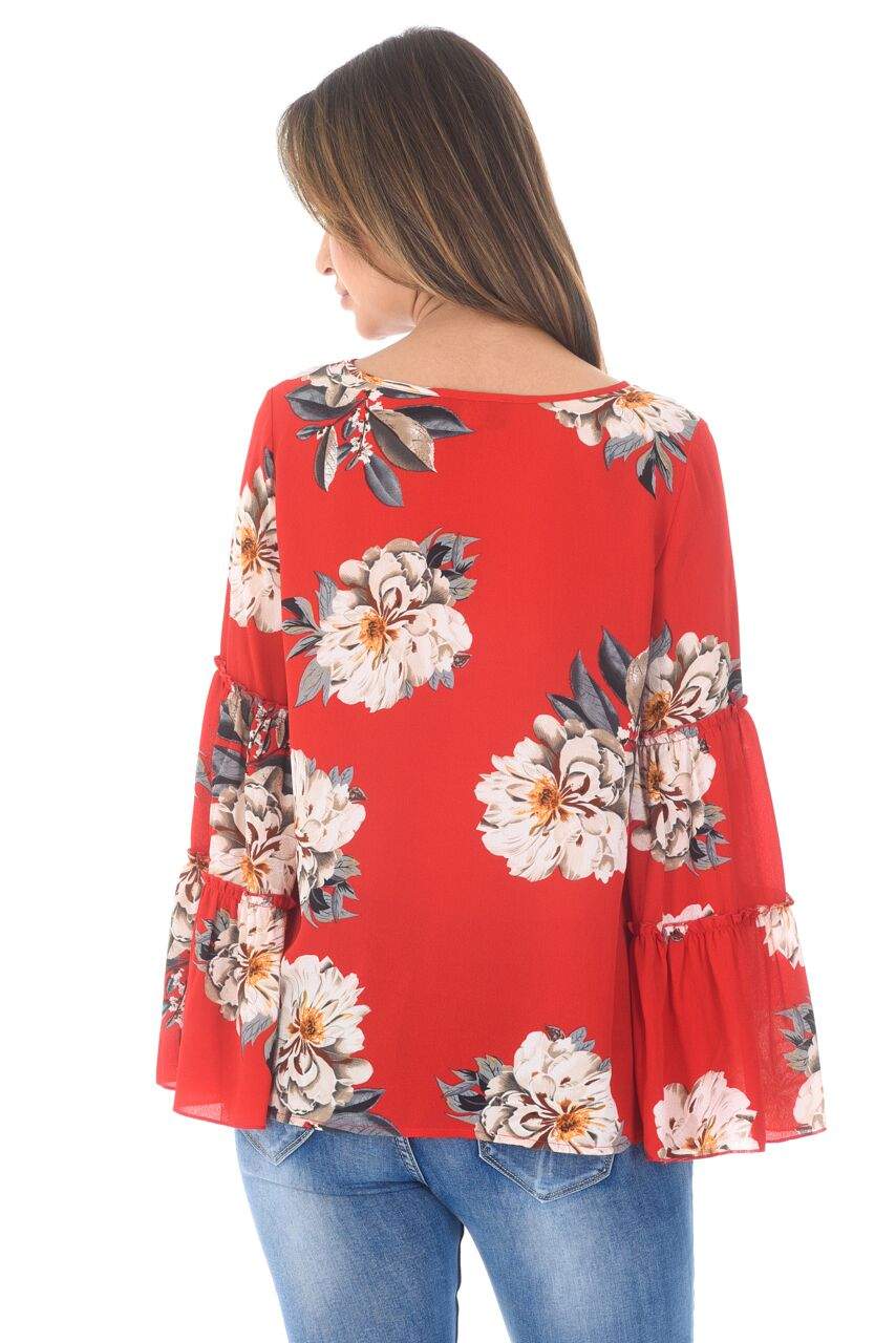 Red Foral Printed Double Frill Sleeve Top - Image 3