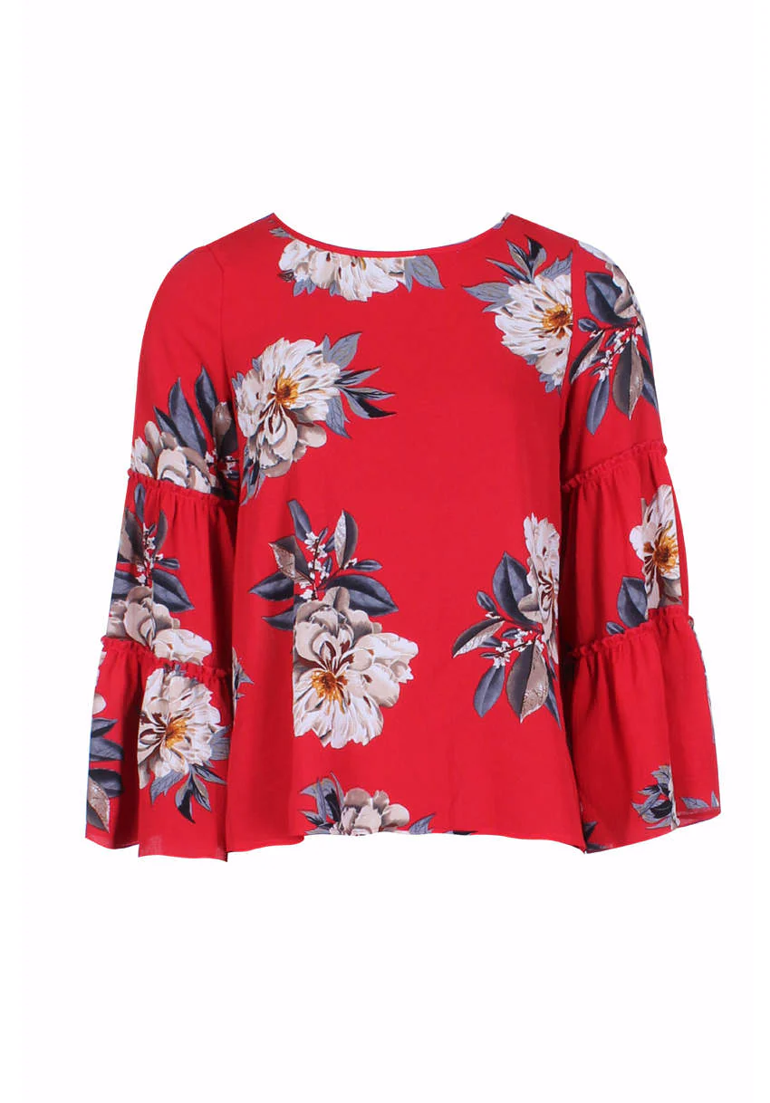 Red Foral Printed Double Frill Sleeve Top - Image 4
