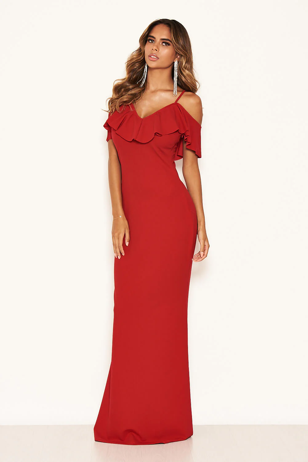 Red Frill Cold Shoulder Maxi Dress - Image 2