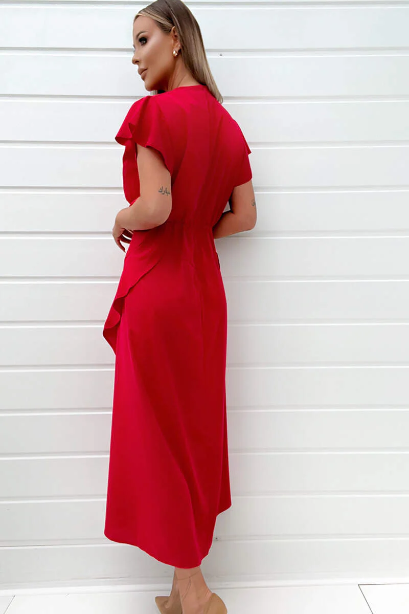 Red Frill Detail Double Split Skirt Midi Dress - Image 4