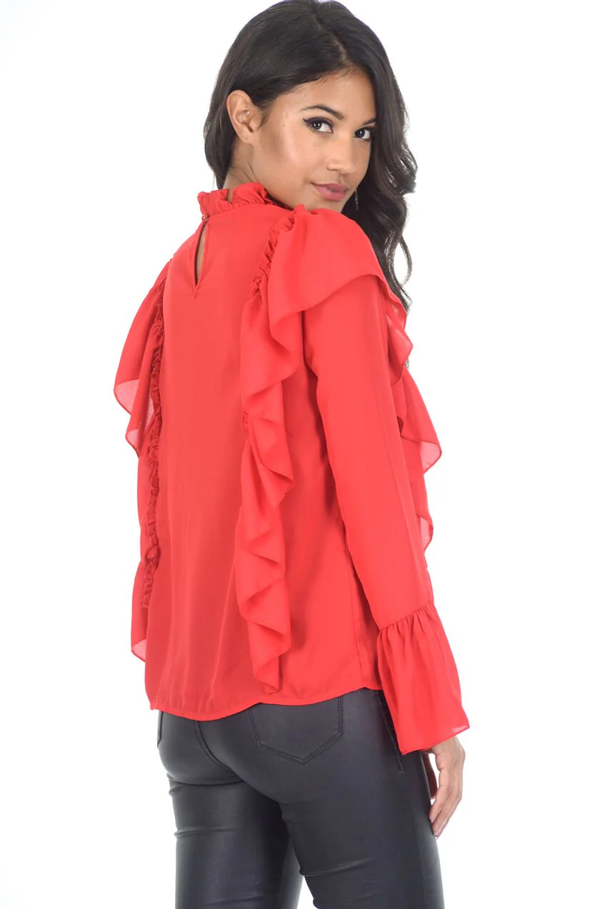 Red Frill Long Sleeved Top - Image 3