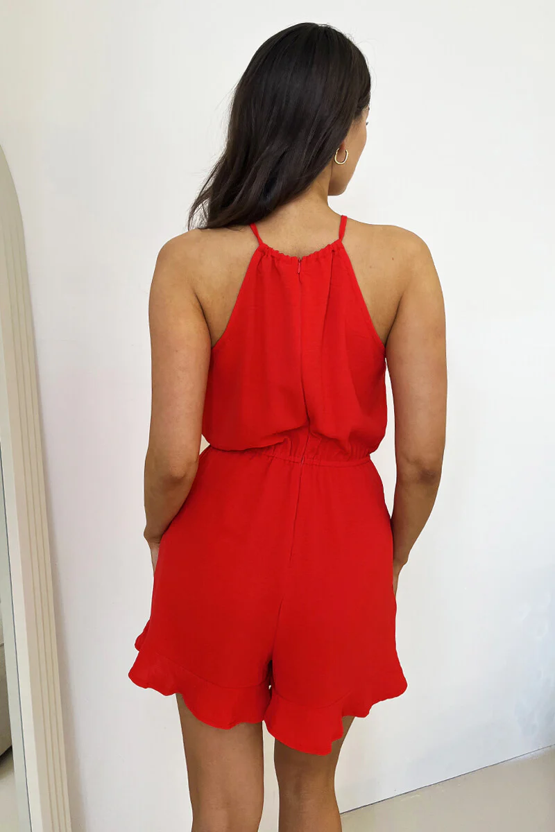 Red Halter Neck Tie Waist Playsuit - Image 5