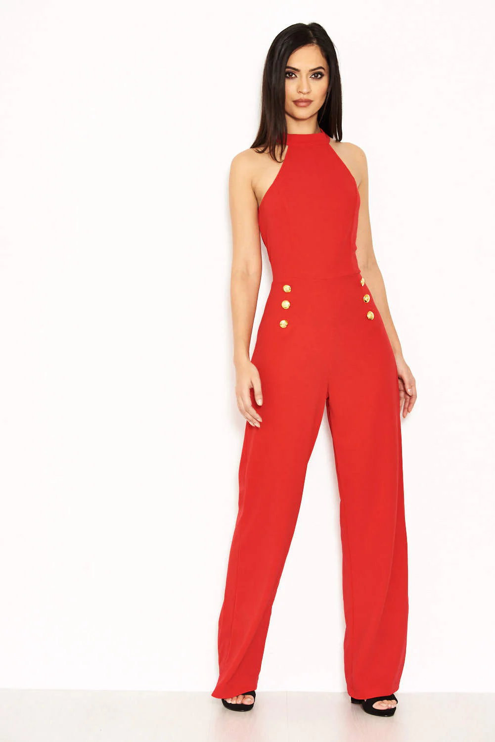 Red Halterneck Jumpsuit With Military Buttons - Image 2