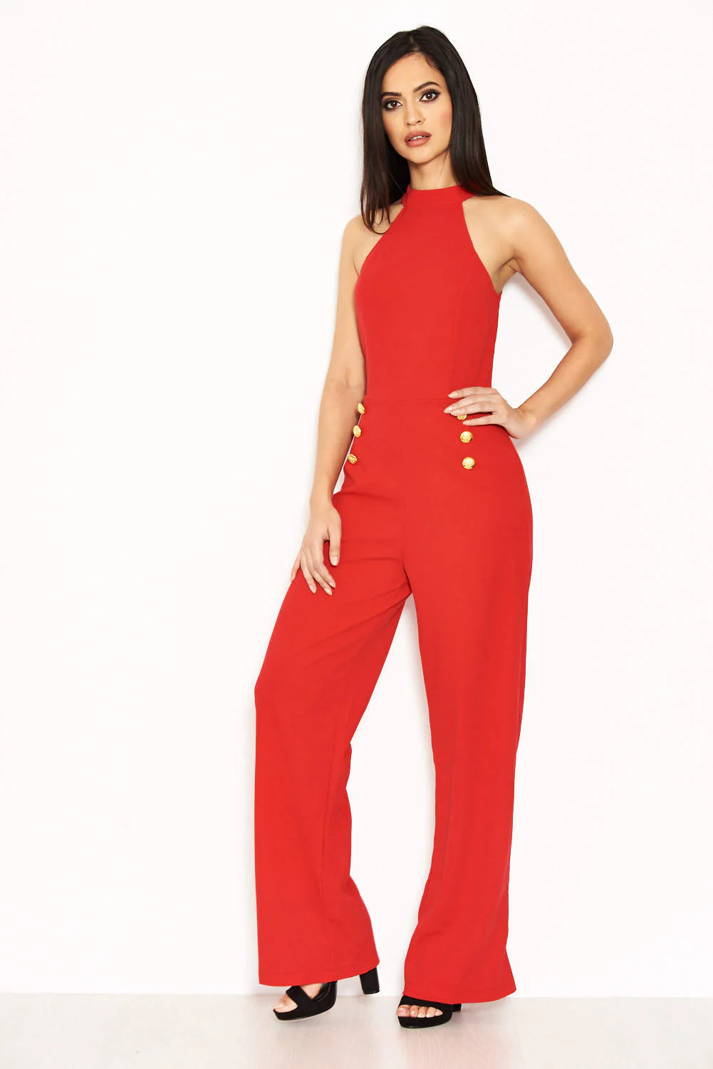 Red Halterneck Jumpsuit With Military Buttons - Image 4