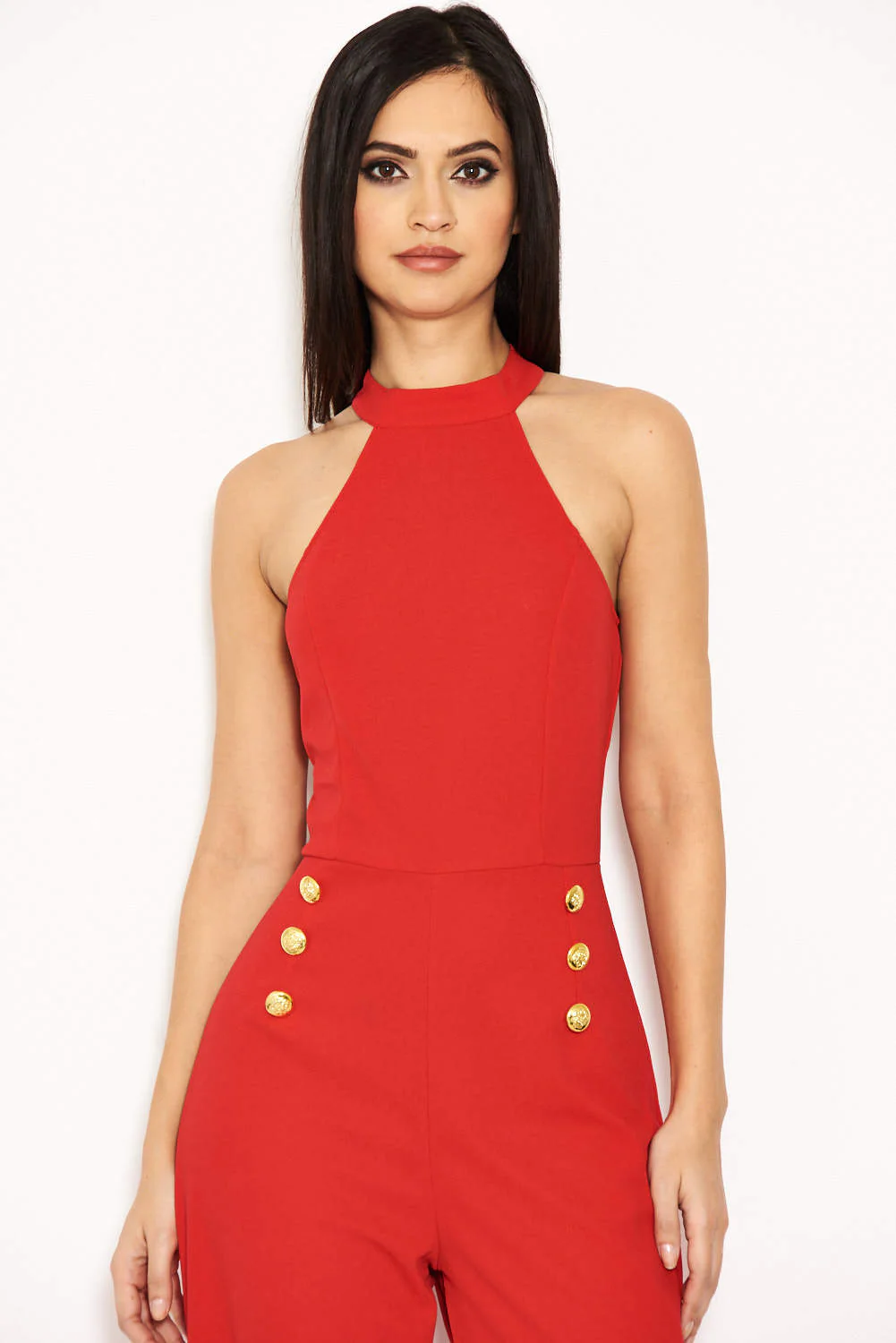 Red Halterneck Jumpsuit With Military Buttons - Image 5