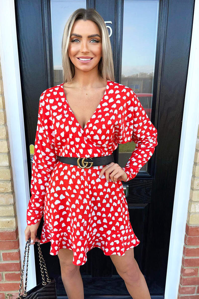 Red Heart Print Long Sleeve Wrap Skater Dress - Image 3