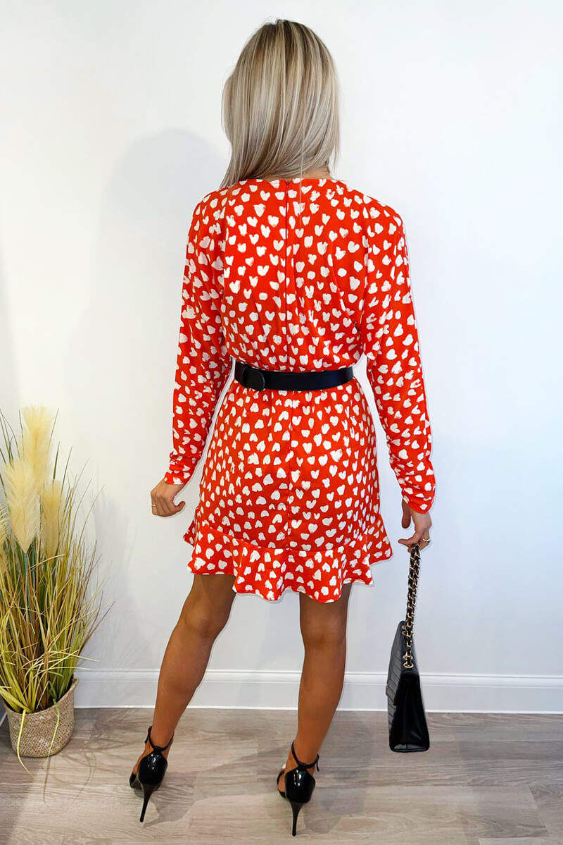 Red Heart Print Long Sleeve Wrap Skater Dress - Image 6