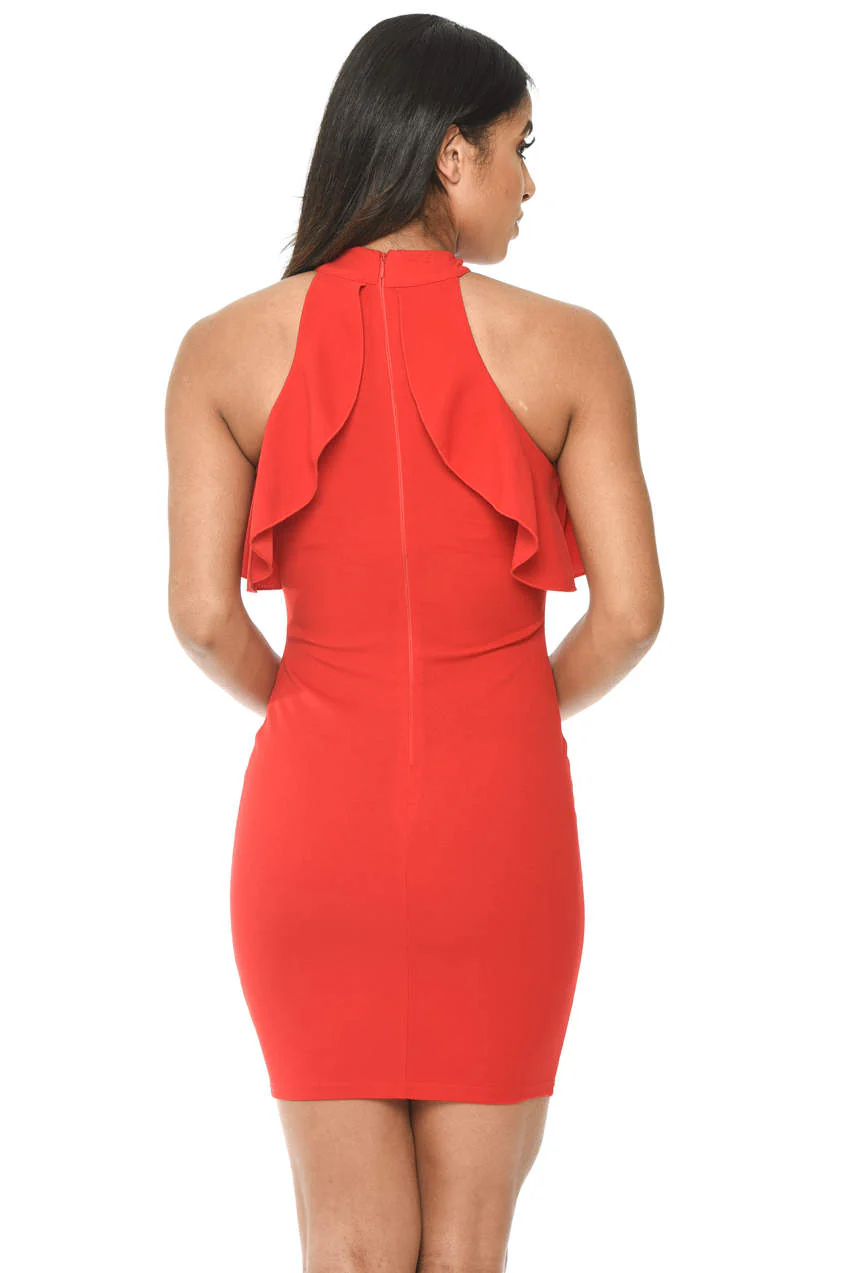 Red High Neck Cold Shoulder Bodycon Dress - Image 3