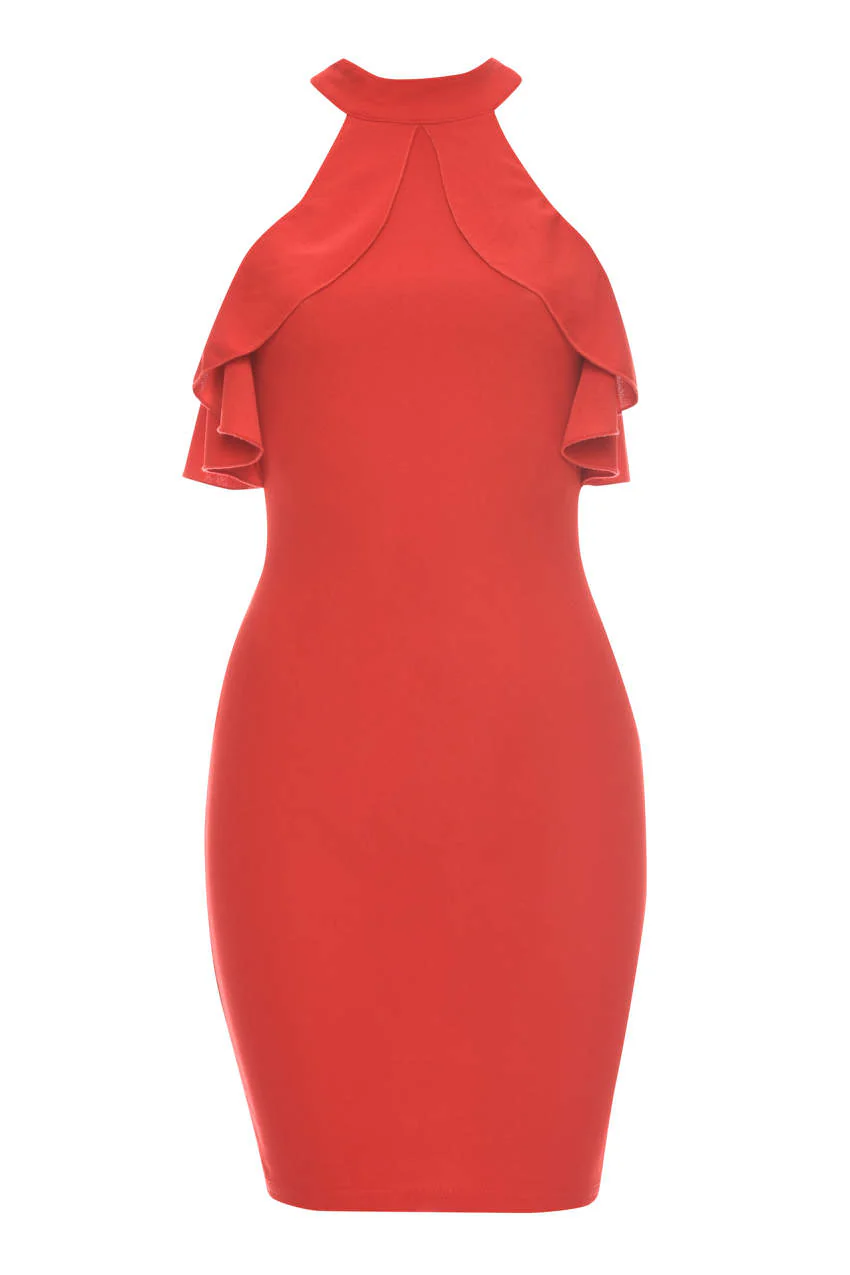 Red High Neck Cold Shoulder Bodycon Dress - Image 4