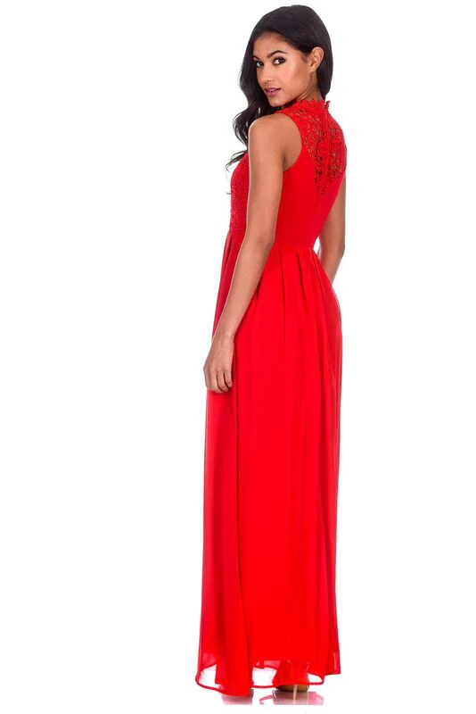 Red High Neck Crochet Maxi Dress - Image 3