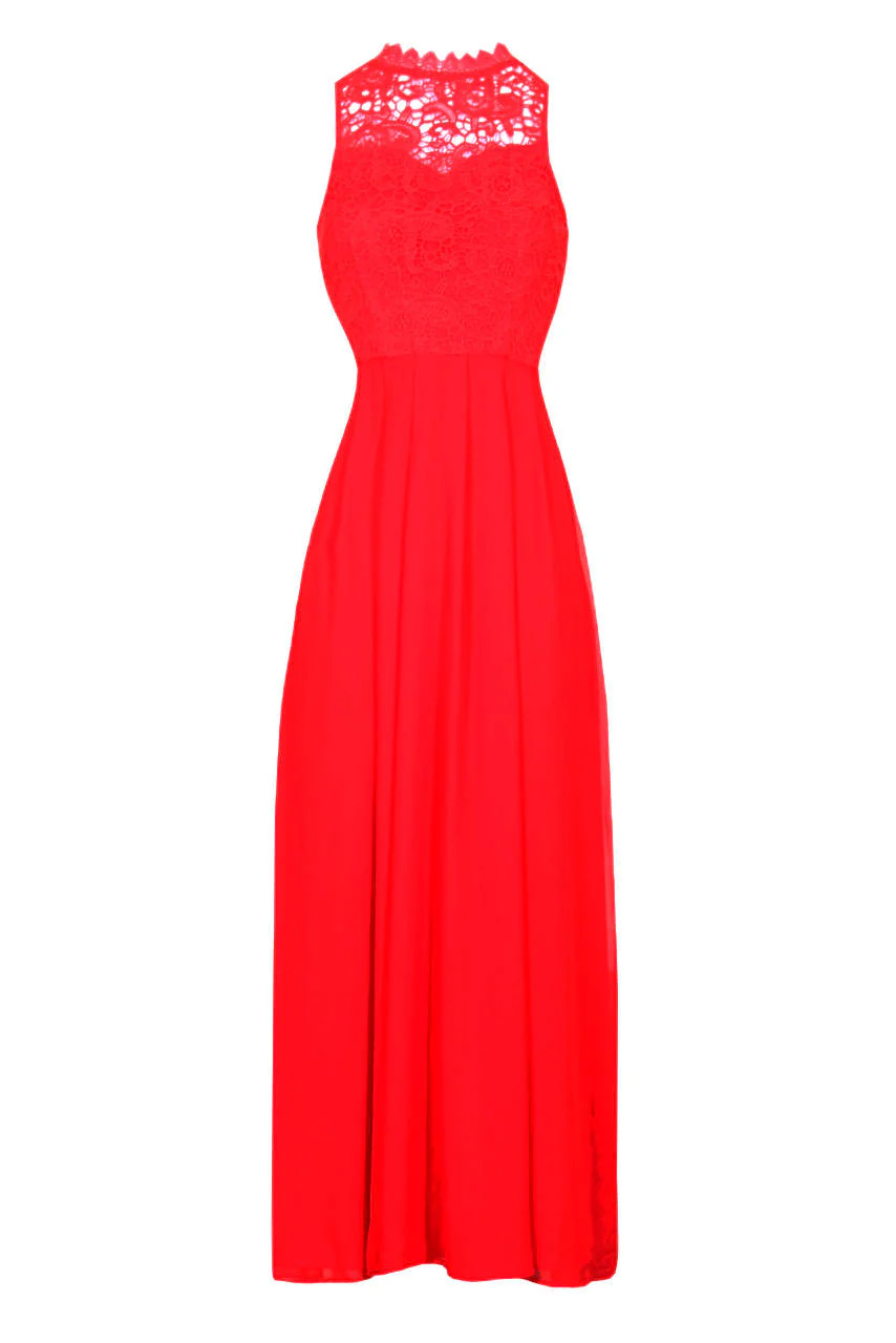 Red High Neck Crochet Maxi Dress - Image 4