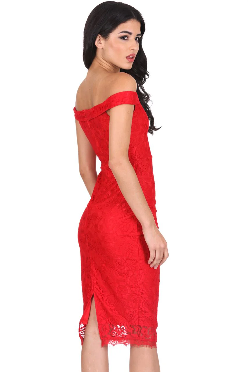 Red Lace Bardot Midi Dress - Image 3