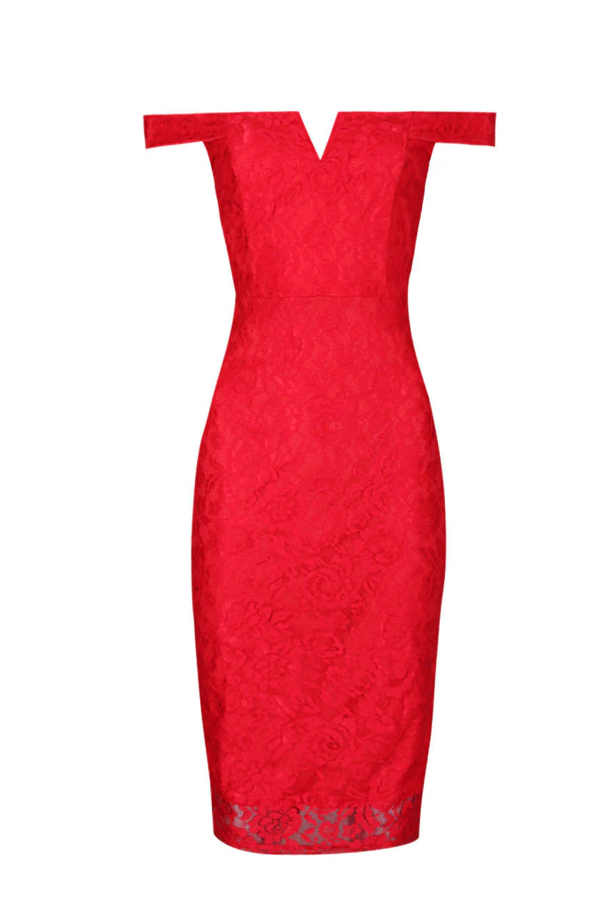 Red Lace Bardot Midi Dress - Image 4