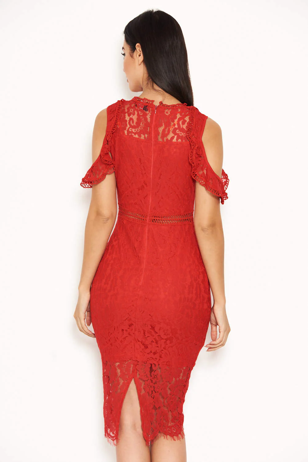Red Lace Cold Shoulder Midi Dress - Image 3