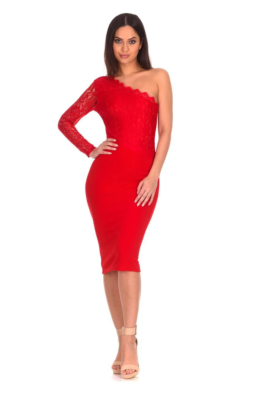 Red Lace Detail Asymmetric Midi Dress - Image 2