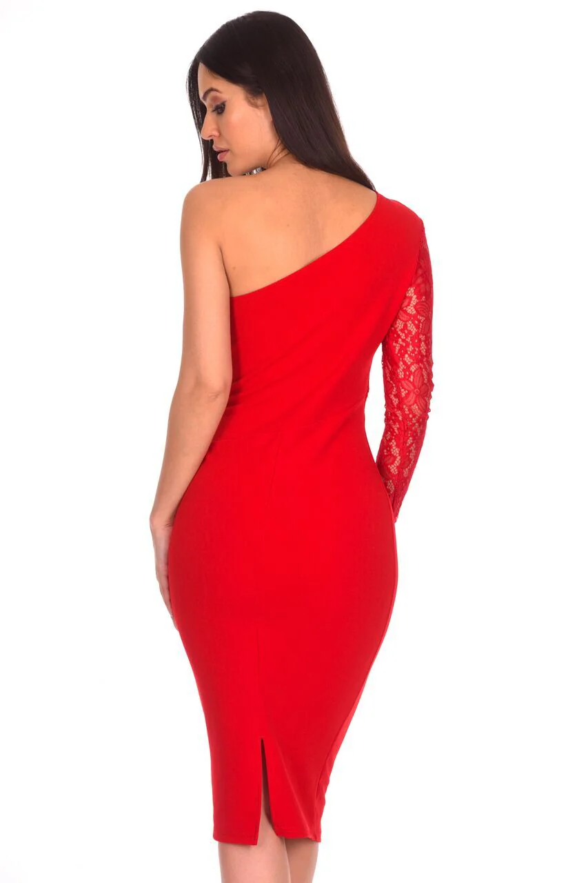 Red Lace Detail Asymmetric Midi Dress - Image 3