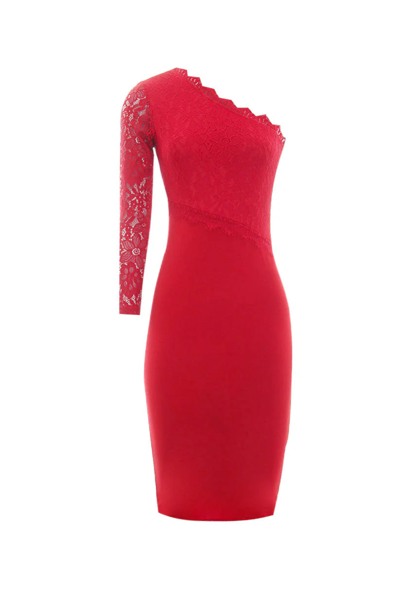 Red Lace Detail Asymmetric Midi Dress - Image 4