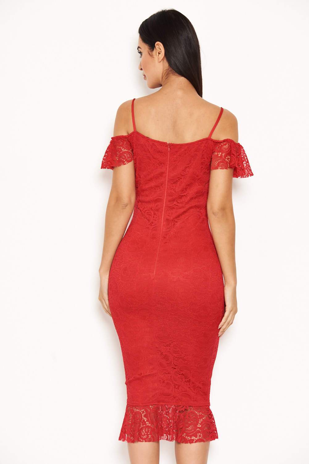 Red Lace Dress With Frill Detail - Image 3