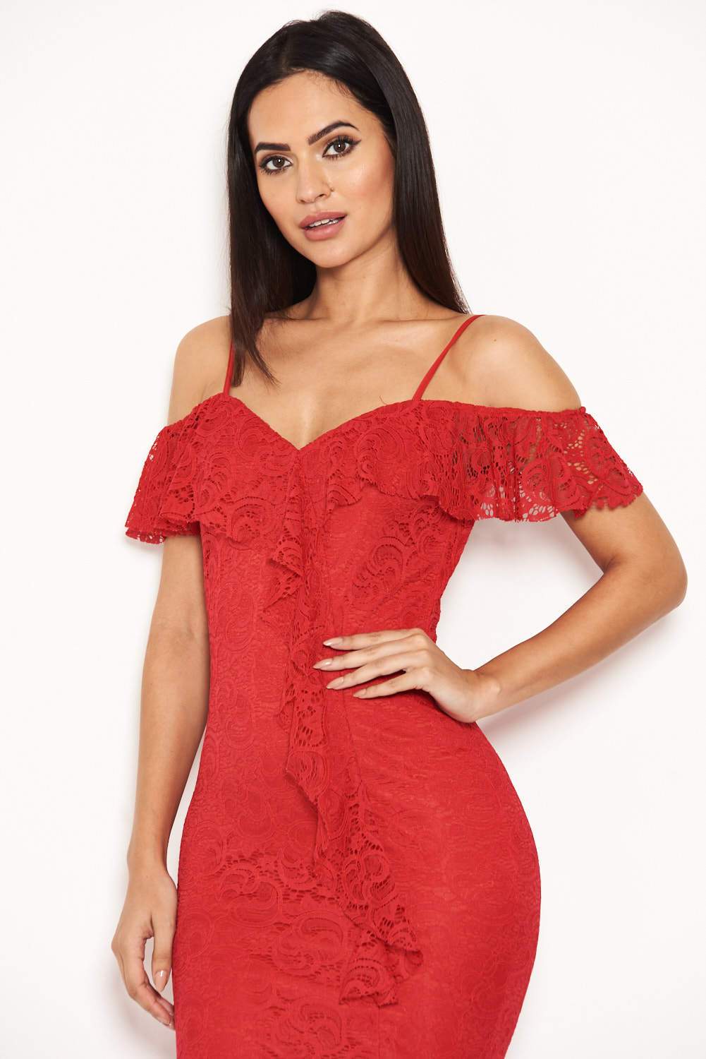 Red Lace Dress With Frill Detail - Image 4