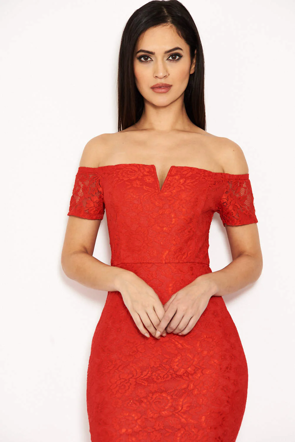 Red Lace Notch Front Detail Midi Dress - Image 4